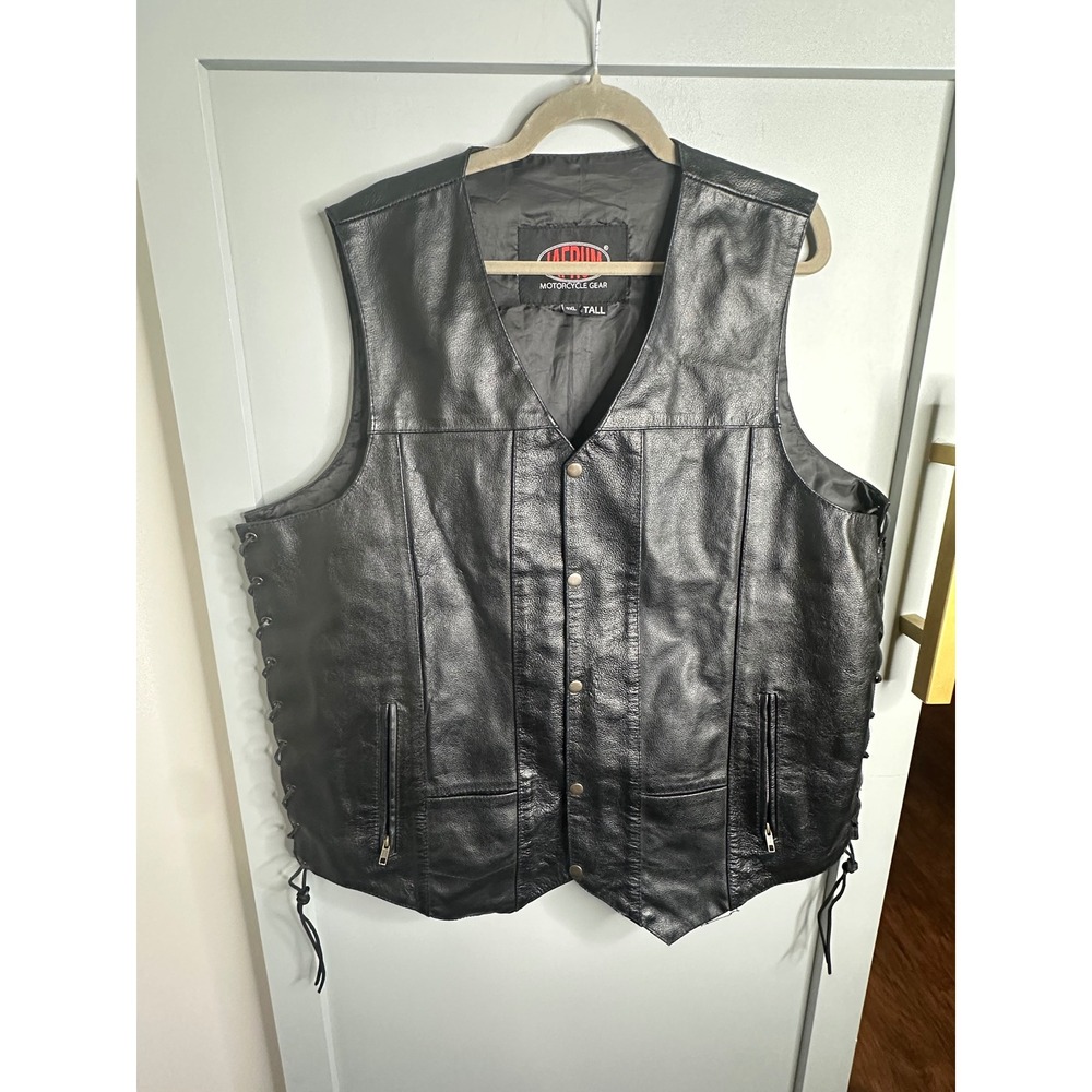 Jafrum Mens Black Leather Motorcycle Vest Side Lace Snap Front 3XL Tall